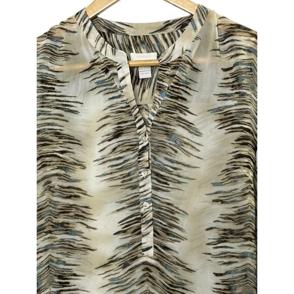 Chico's Chiffon Sheer Feather Print Henley Neck Popover Blouse Women's Medium - Picture 2 of 6